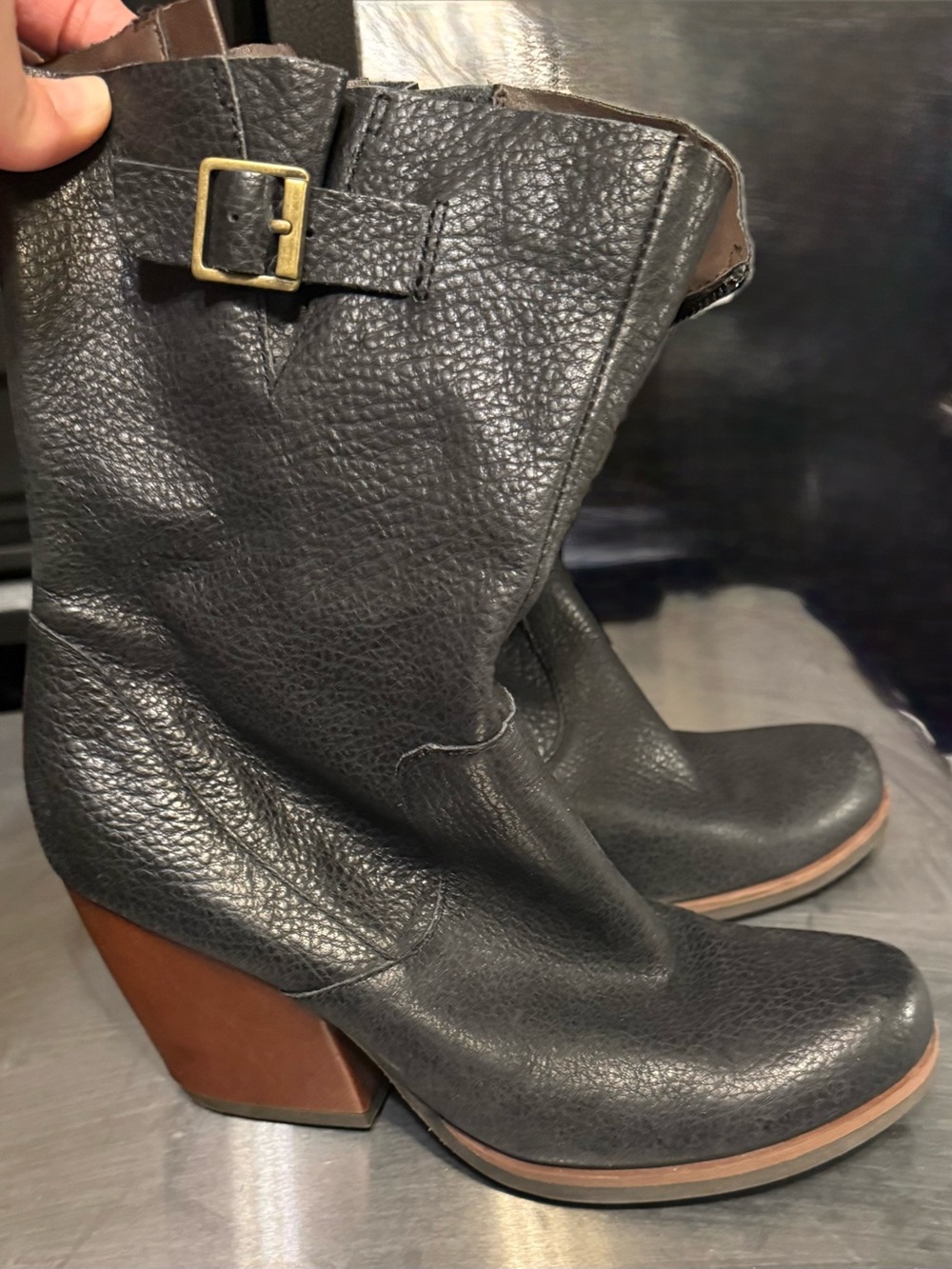 Kork-Ease Black Leather Mid-Calf Boots with Brown Block Heel